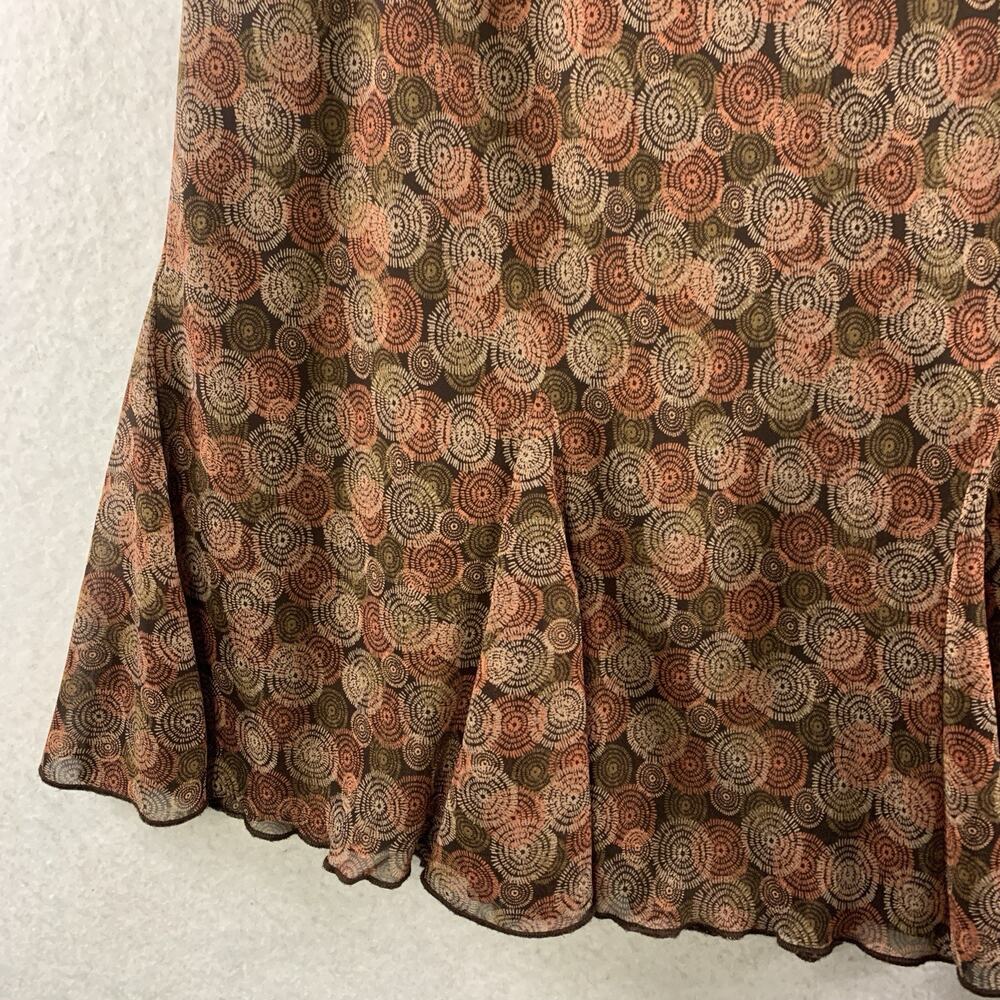 Womens Geometric Flounce Midi‎ Skirt Sz LP Brown Y2K Boho Office Chiffon Fairy - Picture 2 of 10